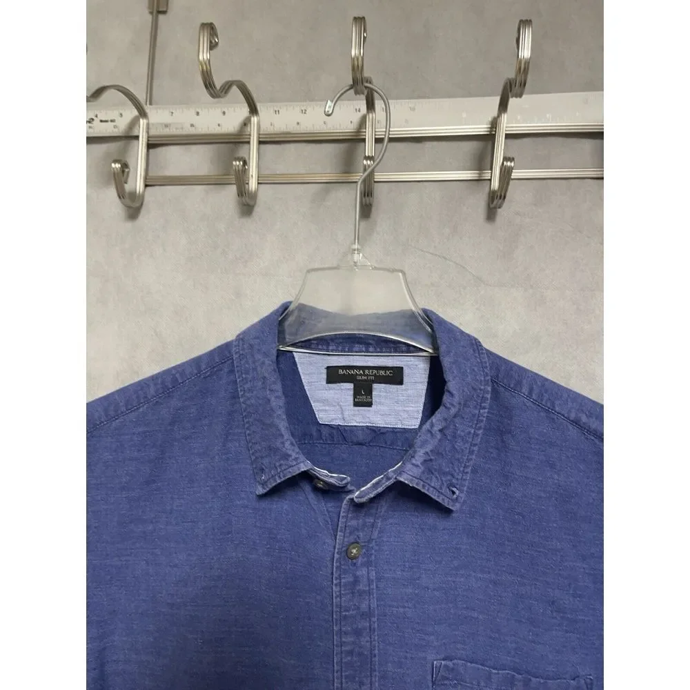 Banana Republic Shirt Men L Blue Linen Cotton Button Up Slim Hybrid Casual Beach